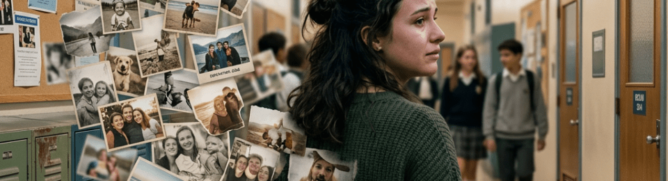 Young woman in green sweater with floating old photos fading away from her back on a park street