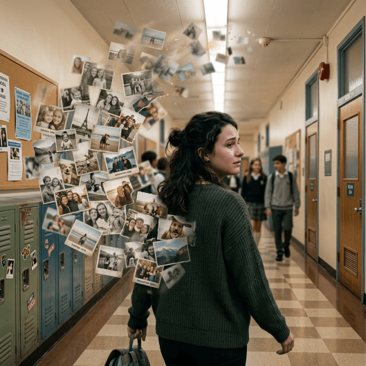 Young woman in green sweater with floating old photos fading away from her back on a park street