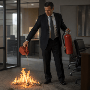 Man pours liquid onto an office fire while holding a fire extinguisher