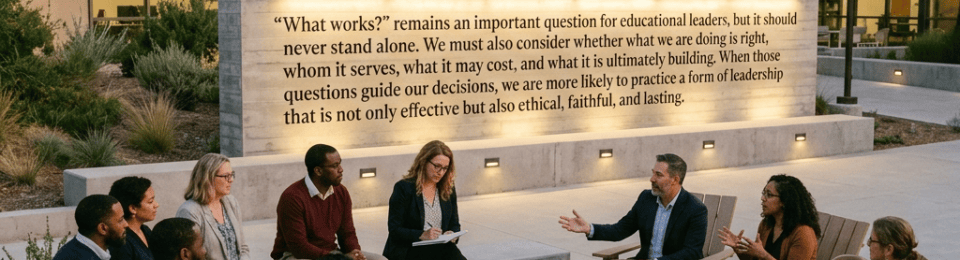 Group discussion beneath text reading: “What works?” remains an important question for educational leaders, but it should never stand alone. We must also consider whether what we are doing is right, whom it serves, what it may cost, and what it is ultimately building. When those questions guide our decisions, we are more likely to practice a form of leadership that is not only effective but also ethical, faithful, and lasting.
